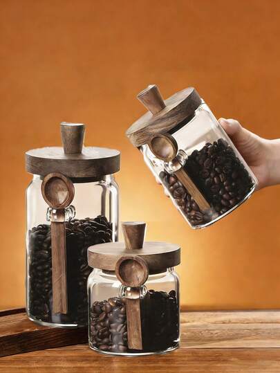 3/1pc Coffee-Specific Storage Jar, Sealed Bottle & Sealed Jar, Food Storage Box, American-Style Coffee Bean Jar, Tea, Spice & Grain Storage Jar With Wooden Lid Handle, Storage Bottle, Retro Food Display Jar, Moisture-Proof Sealed Storage Jar Glass Coffee Canister Set, Glass Food Storage Jars With Wooden Lids And Spoons,For Food, Nuts, Candy, Spices Airtight Containers Airtight Food Storage Container For Sugar, Tea, Snacks, Seasonings, Salt & Pepper Pour-Over Coffee Enthusiasts, Kitchen Storage