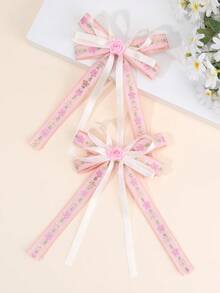 2pcs Pink Embroidered Floral Bow Hair Clips For Girls Pastel Colored Ribbon Fabric Hair Bows Flower Alligator Clips Aesthetic Sweet Princess Barrettes Casual Birthday Wedding Party Hairpins Teens Hair Accessories - Multicolor - View 1