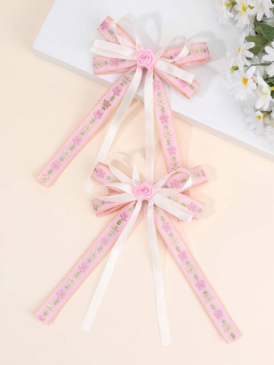 2pcs Pink Embroidered Floral Bow Hair Clips For Girls Pastel Colored Ribbon Fabric Hair Bows Flower Alligator Clips Aesthetic Sweet Princess Barrettes Casual Birthday Wedding Party Hairpins Teens Hair Accessories - Multicolor - View 1