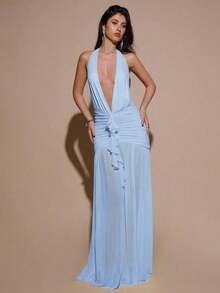 2026 Dresses For WomenBAE Sexy Minimalist Solid Yellow Cream Deep V-Neck Halter Bodycon Ruched Fitted Women's Maxi Mesh Dress, Suitable For Party, Cocktail, Formal Occasions, Bridesmaid, Birthday, Business Casual, Elegant Women Maxi Dress,Valentine's Day,Valentine Fits For WomenLoose And Comfortablevestidos - 淺藍色 - 查看 5