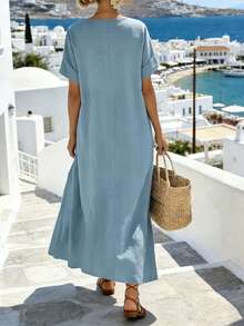 Women's Spring/Summer Casual Tie Collar Loose A-Line Dress With Side Pockets - Baby Blue - View 7