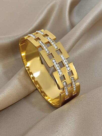 1Pc Sparkling Gold Mesh Design Bracelet, Embellished With Dazzling Cubic Zirconia – Geometric Jewelry, Suitable For Everyday Wear And Holidays,Unisex, Valentine's Day Gift