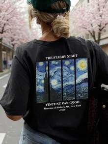 Women's Summer Personalized Letter Printed Pattern Round Neck-Shirt Fashionable And Versatile Women's Half Sleeve Small Shirt With Van Gogh Starry Print. Graphic Tees Women Pink Top White Top Black Top - 黑色 - 查看 6
