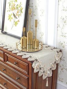 1pc Lace Table Runner, Modern Minimalist Polyester Imitation Linen Bamboo Knot Fabric Embroidered Hollow-Out Water-Soluble Lace Table Runner, Suitable For Living Room, Bedroom, Dining Table, TV Cabinet, Sideboard, Chest Of Drawers, Etc. - Beige - View 13