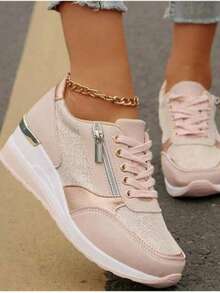 Women's Wedge Sneakers: Rose Gold Mesh Platform Sneakers With Side Zip For Daily Comfort 6CM Hidden Heel Sneakers: Nude Rose Gold Mesh Casual Shoes - Easy Slip-On For Jeans & Dresses Comfy Platform Wedge Sneakers: Breathable Mesh Rose Gold Accent Shoes For Women 2025 Elegant Nude Wedge Sneakers: Side Zip Platform Casual Shoes - Soft & Stylish For Summer Metallic Accent Wedge Sneakers: 6CM Hidden Heel Mesh Sneakers - Versatile For Work & Weekend - Hồng - Xem 4