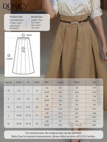 DONICY 女士纯色高腰褶裥中长A字裙，休闲优雅荷叶边裙，适合春夏、时尚、商务、休闲、音乐节、派对等场合 - 卡其色 - 查看 4