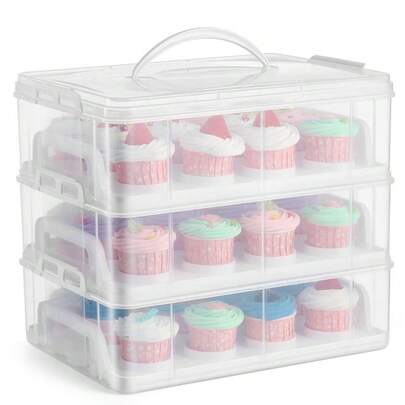 Gr8 Home 3 Tier Stackable Cupcake Carrier Box Muffin Cake Holder Plastic Clear Container