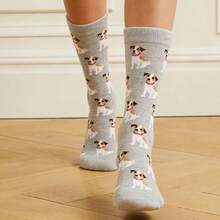 1双男女通用可爱小狗灰色卡通袜子，休闲百搭常规中筒袜，适合日常穿着，四季皆宜 - 灰色 - 查看 6