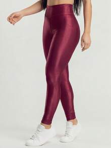 Women's Ribbed High-Waisted Fitness Leggings With A Shimmering Finish, Perfect For Premium Workouts. - Merah tua - View 5