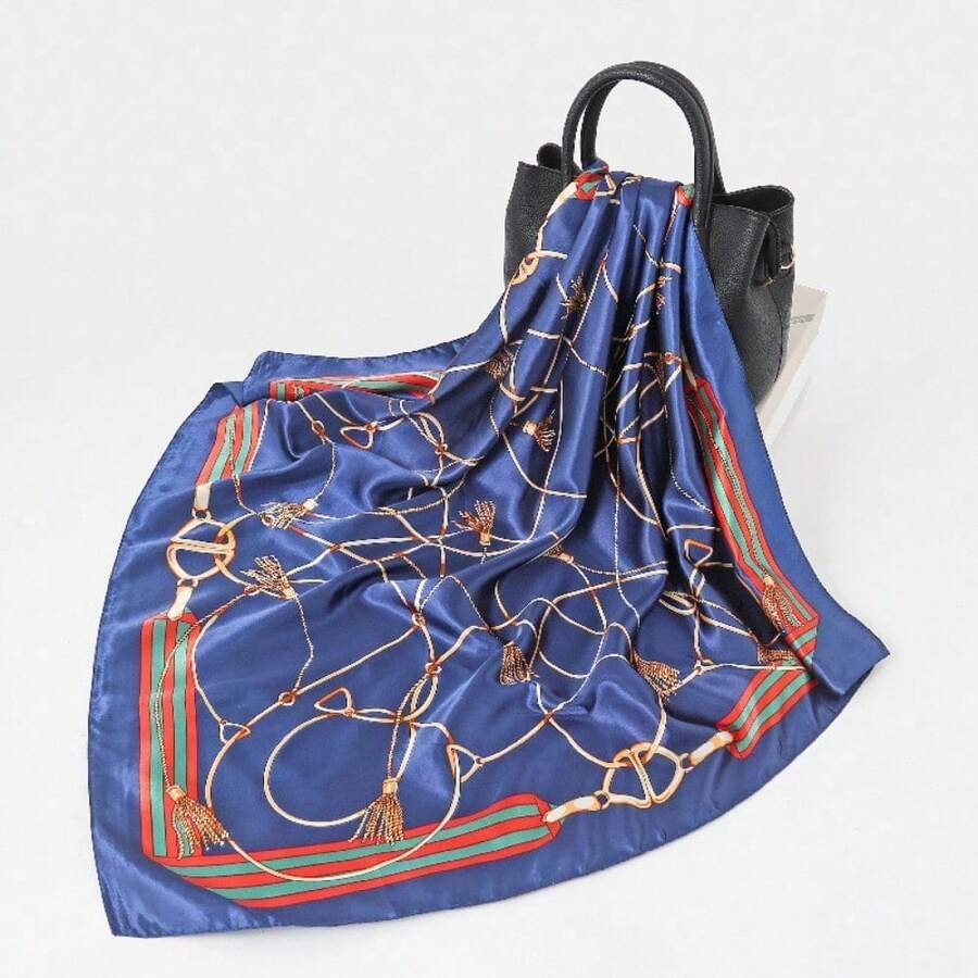 90 Simulated Silk Satin Scarf Silk Scarf Large Square Scarf Women's Autumn And Winter New Versatile Foreign Fashion Thin Shawl - 24#穗子藏青 - 查看 1
