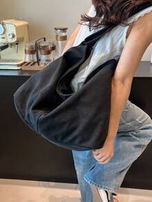 [] Large Capacity Retro Canvas Tote Bag, Foldable, With Safety Zipper, Lightweight, 3-Way Shoulder/Crossbody Bag, Essential For Students, Commuting, Classes, Travel, Japanese Urban Boy Daily Bag - Black - View 3