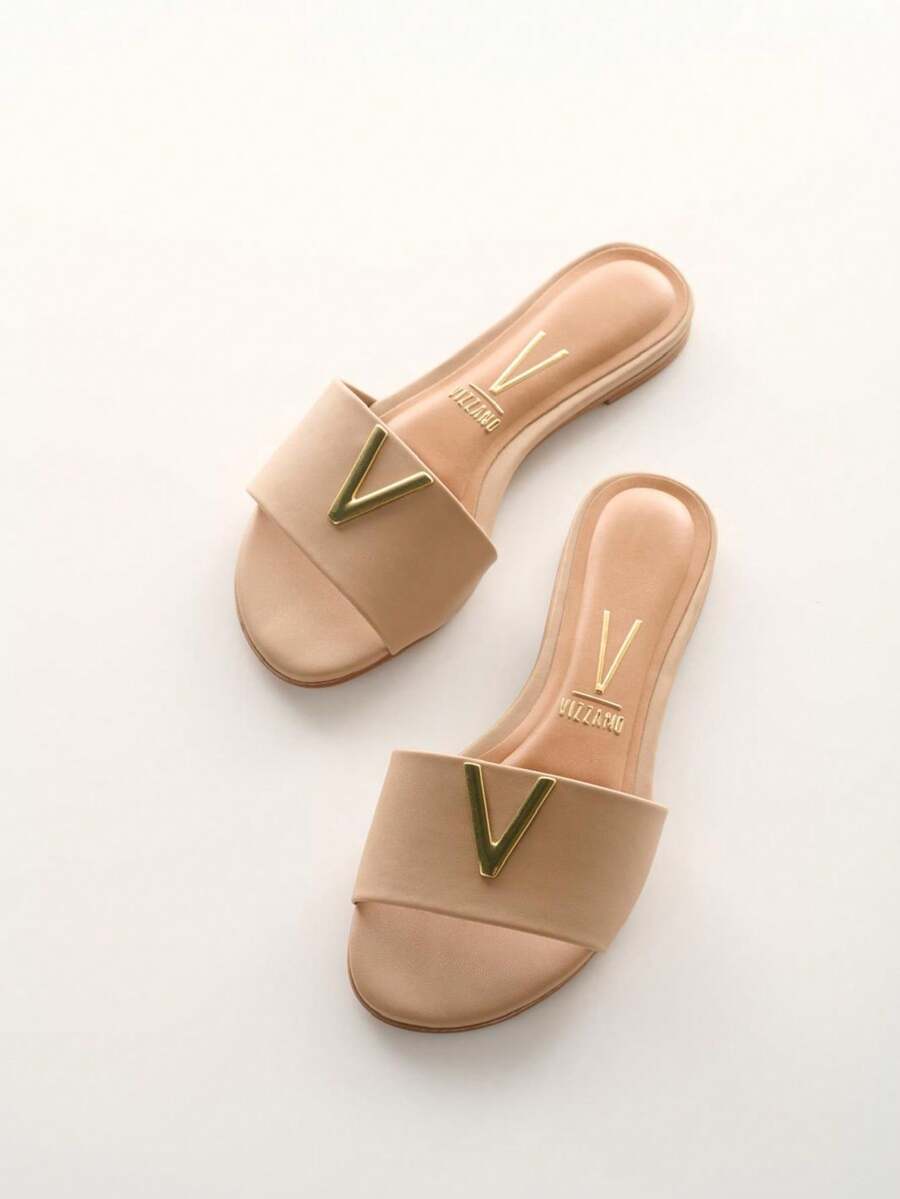 Vizzano Slide Sandal With Textured Strap And Metallic Logo Detail - Beige - View 1