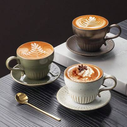 Creative Retro Ceramic Coffee Cup Set, Latte Art Cup, Elegant Design Specialty Afternoon Tea Cup For Home Use