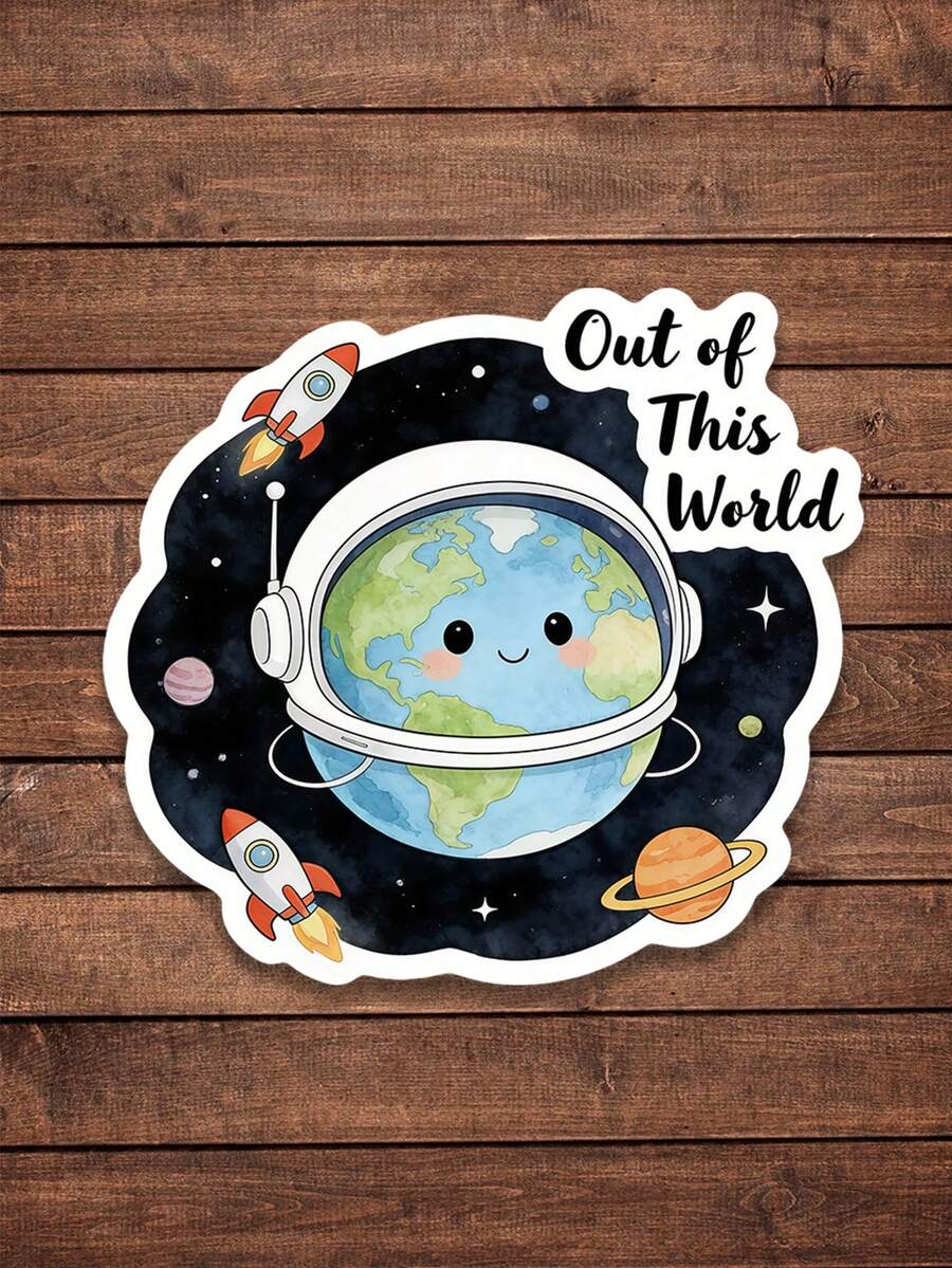 2pcs "OUT OF THIS WORLD" Space Themed Interesting Stickers - Perfect For Personalizing Your Laptop, Water Bottle Or Helmet With Unique Cosmic Designs! - Multicolor - View 1