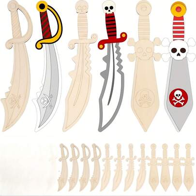 4/8pcs DIY Unfinished Blank Wooden Pirate Wooden Sword, Unfinished Wooden Painting Creation Pirate Shape, DIY Wooden Hand-Painted Craft, Suitable For All Kinds Of Party,Carnival Holiday Party Gift Decoration.DIY Projects, Creative Art Project, Pirate Theme, Handcrafted Sword, Painting Kit, Blank Wooden Craft