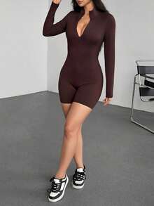 AITYI Studio Damen Romper, gut sitzend, lässig & bequem, Stehkragen, Bodycon, Shapewear, modisch & sexy, figurbetonend, für Outdoor, Sport, Party, Abschluss, Weihnachten, Neujahr, Thanksgiving, Herbst/Winter Stretch Strick Langarm Romper - Kastanienbraun - Übersicht 2