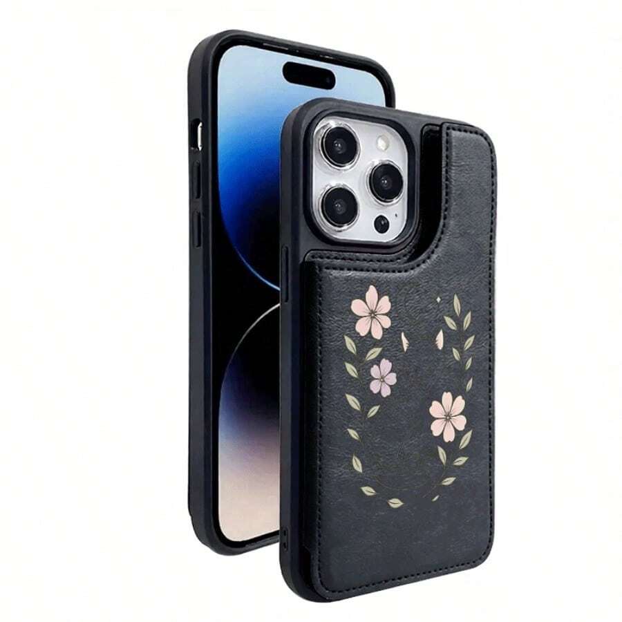 For IPhone 17 Case, Wreath Pattern Wallet Card Holder Mobile Phone Case, Imitation Faux Leather Card Slot Design, Double Magnetic Anti-Drop Protective Cover, Lightweight, Durable And Fashionable Design For 17 Air 16/ 15/ 14/ 13/ 12 Pro Max Plus | Compatible Sam Galaxy S22 S23 S24 S25 Plus Ultra - 黑色 - 查看 1