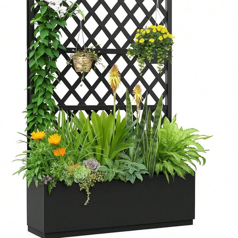 Jardinera metálica con enrejado, 185 x 120 x 30 cm. Jardinera elevada para exteriores con malla de privacidad y orificios de drenaje para plantas trepadoras, flores y hortalizas. - Negro - Ver 1