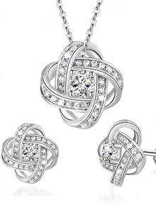 FOREVER QUEEN Juego de aretes y collar de la serie Satélite de plata de ley 925, adecuado para mujeres/niñas, circonita cúbica de grado 5A, empaquetado en caja de regalo para joyería - Plateado - Ver 1