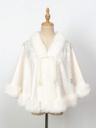 1pc Floral Print Faux Pearl Embellished Hooded Cape/Poncho