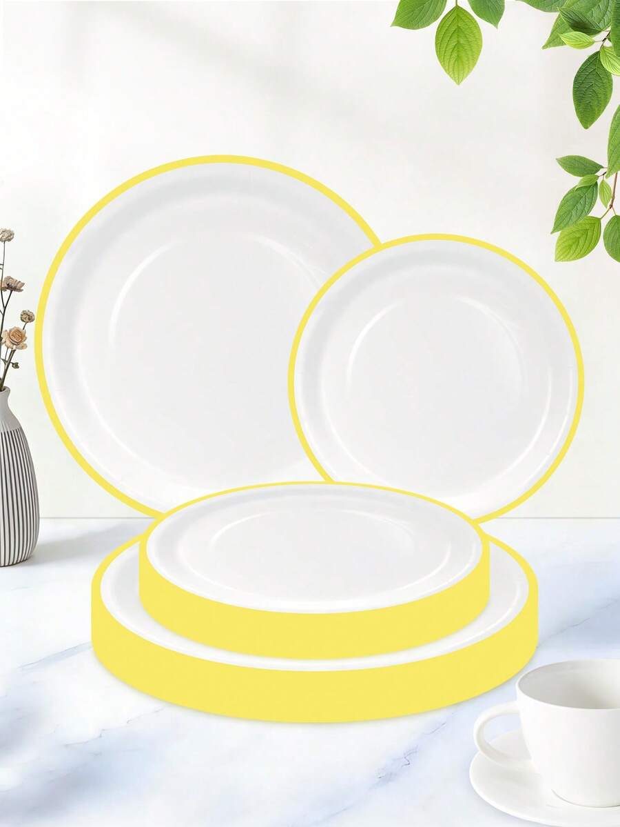 Set Piring Kertas Sekali Pakai Warna Kuning dan Putih Isi 20/40/60 Buah, Termasuk Piring Makan dan Piring Dessert, Cocok untuk Pesta, Ulang Tahun, Pernikahan, Liburan, dan Acara Lainnya - Latar belakang putih dengan batas kuning - View 1