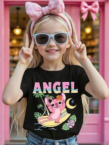 Disney Girls' Black Base Lilo & Stitch Angel Short Sleeve T-Shirt, Breathable & Skin-Friendly, Sweet & Cool Top For Daily Leisure - 黑色 - 查看 1