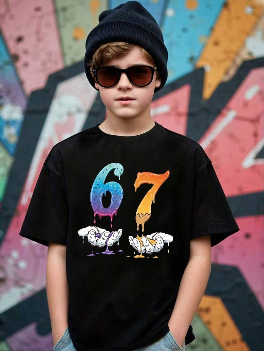 Tween Boy Numeric Print Round Neck Loose Casual Short Sleeve T-Shirt - Black - View 1