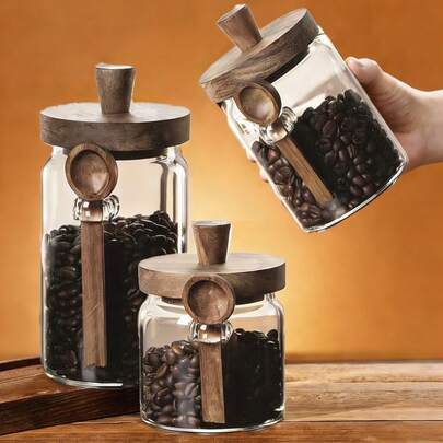 Bộ 3 hũ đựng cà phê chuyên dụng, hũ kín và chai kín, hộp đựng thực phẩm, hũ đựng hạt cà phê kiểu Mỹ, hũ đựng trà, gia vị và ngũ cốc có nắp gỗ và tay cầm, chai đựng, hũ trưng bày thực phẩm kiểu cổ điển, bộ hũ đựng cà phê thủy tinh kín chống ẩm, hũ đựng thực phẩm thủy tinh có nắp gỗ và thìa, dùng để đựng thực phẩm, các loại hạt, kẹo, gia vị, hộp đựng thực phẩm kín khí dùng để đựng đường, trà, đồ ăn nhẹ, gia vị, muối và tiêu, dành cho người yêu thích cà phê pha thủ công, hộp đựng đồ dùng nhà bếp.