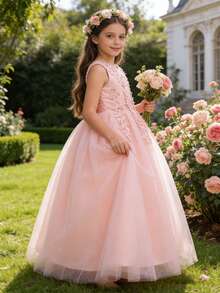 Elegant Pink Flower Girl Dress With Pearl Embroidery & Bow, Wedding, Princess Dress, Prom Dress, Party, Birthday, Summer Wedding, Graduation, Christmas - Pink - View 4