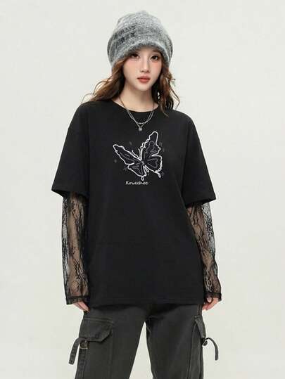 2026 New Lace Patchwork Sleeve Butterfly Print T-Shirt, Avant-Garde Comfortable Versatile Women Long Sleeve Top Casual Spring