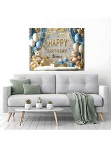 1pc Customizable Happy Birthday Background Cloth, Cute Bear, Blue & White Balloons, Gold Glitter Stars Design, Personalized Birthday Party Cake Table Backdrop, Vinyl Photography Banner - D - View 8