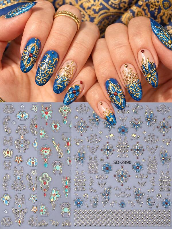 5D Hot Stamping Bohemian Nail Stickers 3pcs Gold Blue Green Palace Luxury Lace Flower Petal Line Tile Enamel Manicure Tips DIY Holographic Metallic Fashion Self-Adhesive Gel Polish Decals Sliders Nail Art Decoration Nail Supplies Nails
