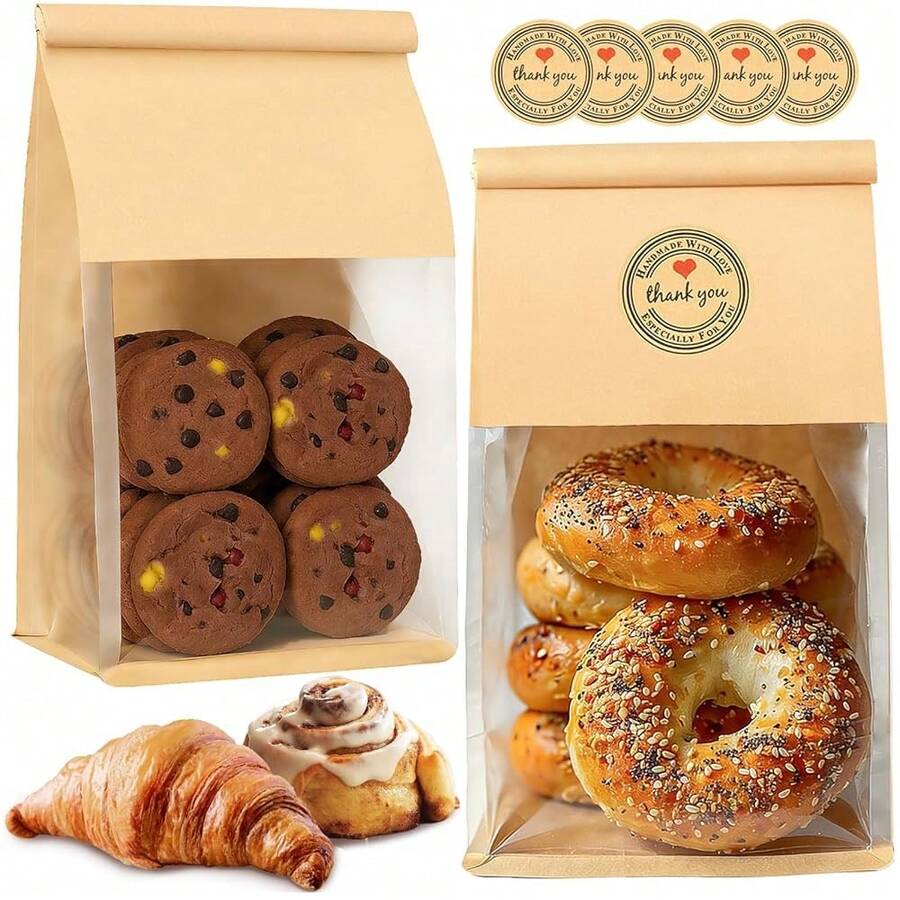 50 PCS Bread Bags For Homemade Breads, 11x5.1x3.9 Inch Resealable Cookie Bags With Tin Tie Tab Lock, Paper Bakery Bag With Window For Packaging Bagels, Muffin, Scone, Brownie, Baked Goods Storage - 中等的 - 查看 1