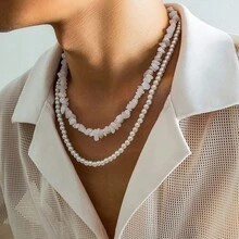 2pcs/Set Faux Pearl & White Crystal Beaded Men's Beach Style Necklace Suit, Unisex For Casual Daily Wear - White - View 8