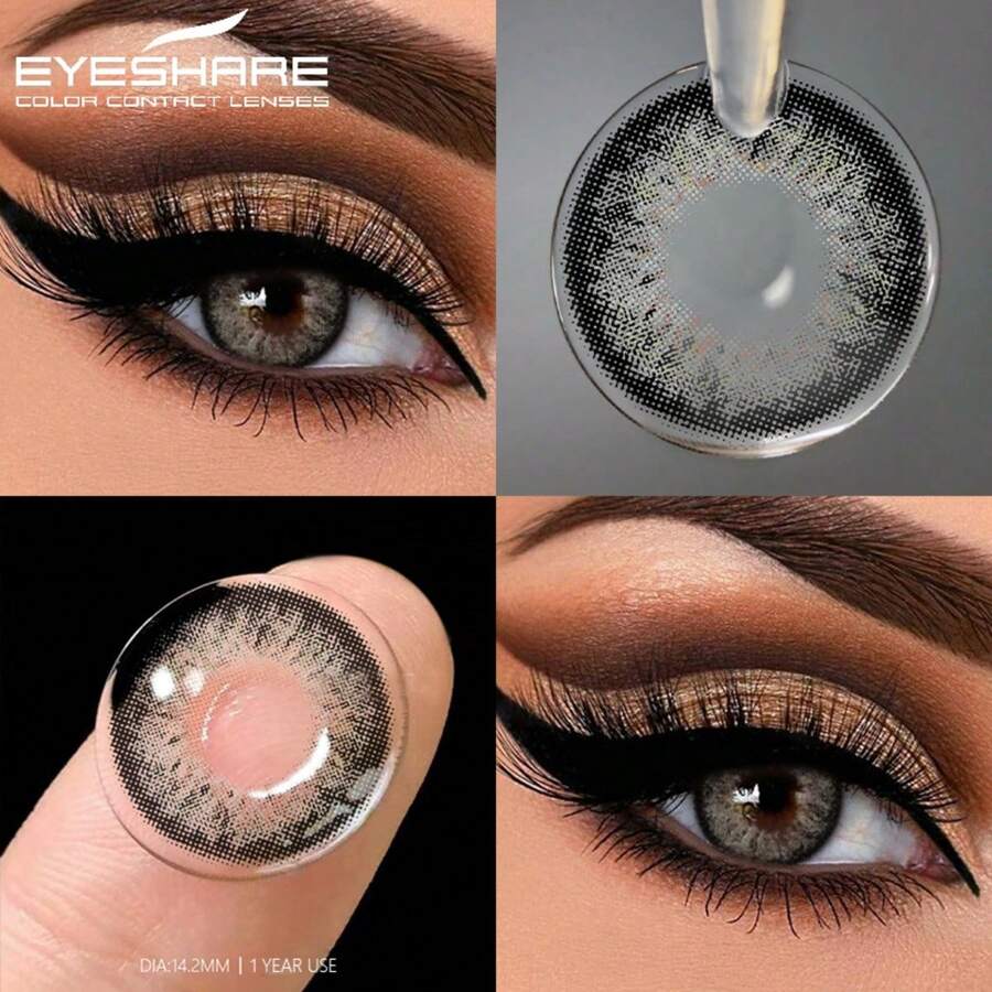 EYESHARE 1副灰色放大双眼自然年抛型大直径彩色隐形眼镜，适合约会或日常佩戴，蓝色镜片