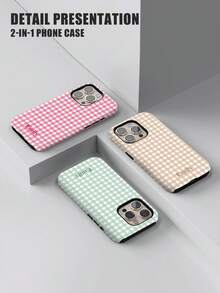 Minimalist Plaid Pattern Customized Glossy Film Hard Shell 1pc Artistic Contrast Color Name Phone Shockproof Case, 2-In-1 Full Coverage Protective Phone Cover Compatible With 11/12/13/14/15/16 17 Pro Max, Birthday Gift Anniversary Aesthetic Phone Case - Multicolor - View 4