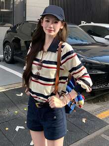 条纹Polo衫休闲长袖T恤（条纹图案随机） - 藏藍紅拼 - 查看 3