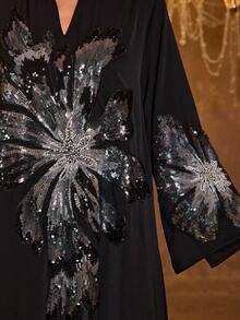 SUPGIR 女士【随机印花】立领长袖手工串珠缎面正式连衣裙 - 黑色 - 查看 3