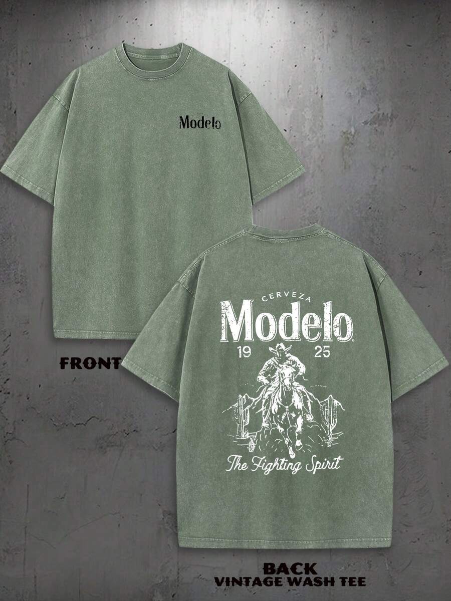 Vintage Washed Cowboy Beer Tee 100% Cotton | Modelo 1925 Graphic T-Shirt, Distressed Fabric - Western Style Gift Idea & Casual Outfit | Unisex - xanh quân đội - Xem 1