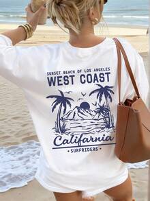 Women's New Summer Casual Round Neck Short Sleeve T-Shirt, Simple Versatile Palm Tree Slogan Print, Suitable For Daily Wear. Graphic Tee, Women's White Top, Black Top, Pink Top, Vacation Outfit. - White - View 8