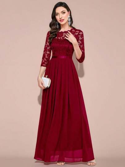 Vestido elegante de encaje floral para mujer,Vestido de fiesta de manga larga de chiffon de cuello redondo,Vestidos de mujer