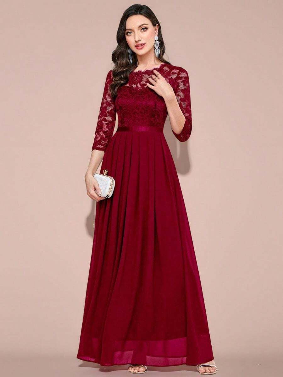 Vestido elegante de encaje floral para mujer,Vestido de fiesta de manga larga de chiffon de cuello redondo,Vestidos de mujer - Color caoba - Ver 1