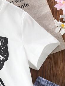 2 peças/Conjunto Menina Jovem Férias Casual Confortável Preto Laço Impressão de Malha Manga Curta Gola Redonda Camiseta Combinada com Calça Longa Impressão de Laço Bainha de Renda Branca, Adequado para Férias e Uso Diário - Branco - Visão 6