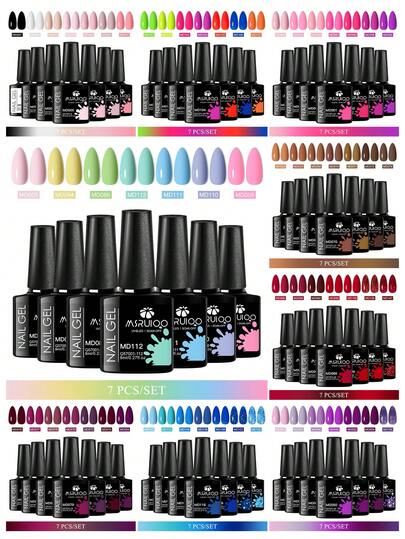 MSRUIOO Set de 7 piezas de 8ml de esmalte de uñas en gel en colores nude, rosa, rojo y glitter. Esmalte en gel de remojo UV tipo macaron de larga duración, libre de plomo y semi-permanente. Kit de suministros para manicura y decoración de uñas, ideal para salones y como regalo para mujeres. Incluye base, top coat y todo lo necesario para el diseño de uñas DIY durante todas las estaciones.