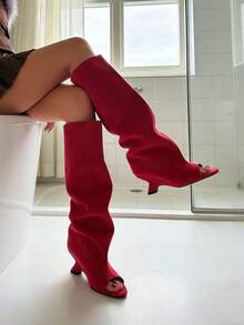 Slouchy Fashion Peep Toe Knee High Boots For Women Wedge High Heels Pull On Sexy Party Dress Fall Winter Long Boots Woman - Đỏ - Xem 3