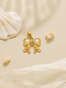 1件/包 304不锈钢仿珍珠镶嵌蝴蝶结吊坠配饰，情人节饰品 - 金色 - 查看 3