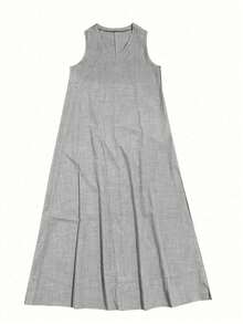 时尚我春夏优雅纯色V领无袖A字涤纶长裙，休闲宽松简约百搭日常穿着，适合春夏及独立日穿着。 - 灰色 - 查看 2