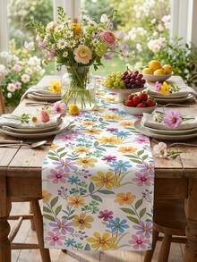 1pc-Spring Wildflower Table Runner: Watercolor Floral & Butterfly Print Design – Durable Polyester Fabric Ideal For Dining Table/Coffee Table/Outdoor Picnic Decor, Easter Holiday Gathering Accent & Spring Seasonal Home Decoration - Multicolor - View 16