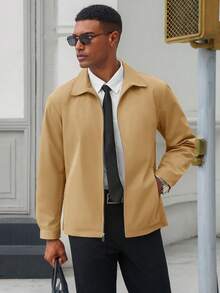 Runcati Mens Full Zip Lightweight Windbreaker Business Casual Fall Golf Coat Jacket With Pockets - Khaki - View 1