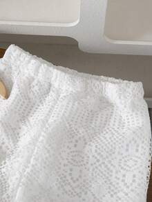 2pcs/Set Big Girls Casual Vacation Style Hollow Out Fabric Sleeveless Crop Top & White Long Pants Suit, Summer - White - View 5